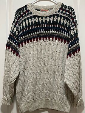 Vintage Ski Lodge Adirondack Men’s Sz L Cable Crewneck Sweater Cream Fair Isle
